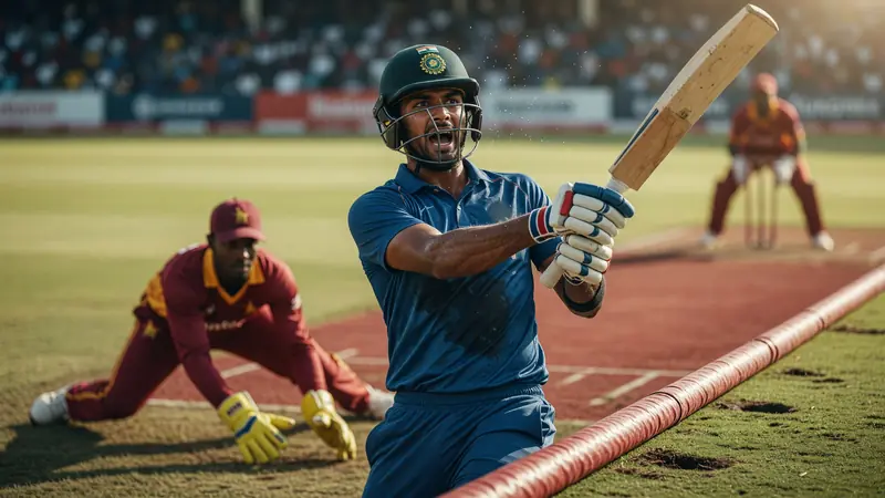 Batter in a maroon and gold kit swinging under a green helmet while a blue-shirt fielder watches from close range