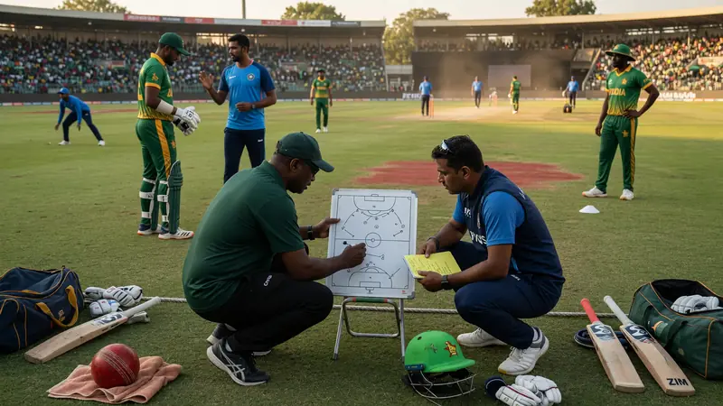 Players in green and navy kits on a sunlit practice square with cones, a kit bag and a bowler pointing mid-pitch